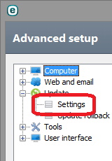 ESET advanced setup settings, update, settings